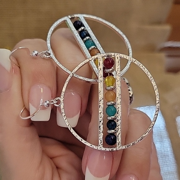CHAKRA STONE STERLING SILVER HOOP DROP EARRINGS - Picture 1 of 8